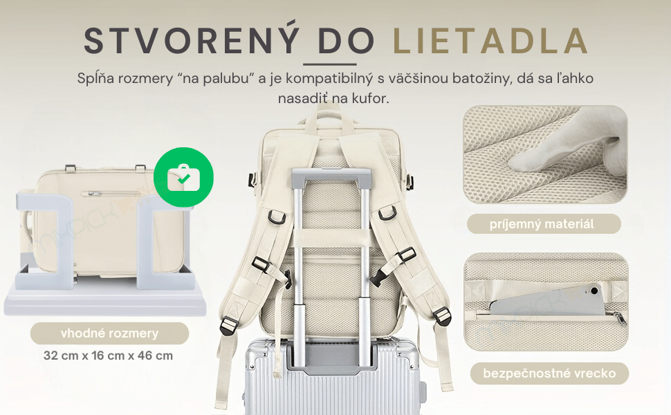 Batoh splňujúci rozmery na palubu lietadla, kompatibilný s väčšinou batožiny, s pohodlným úchytom na kufor, príjemným materiálom a bezpečnostným vreckom